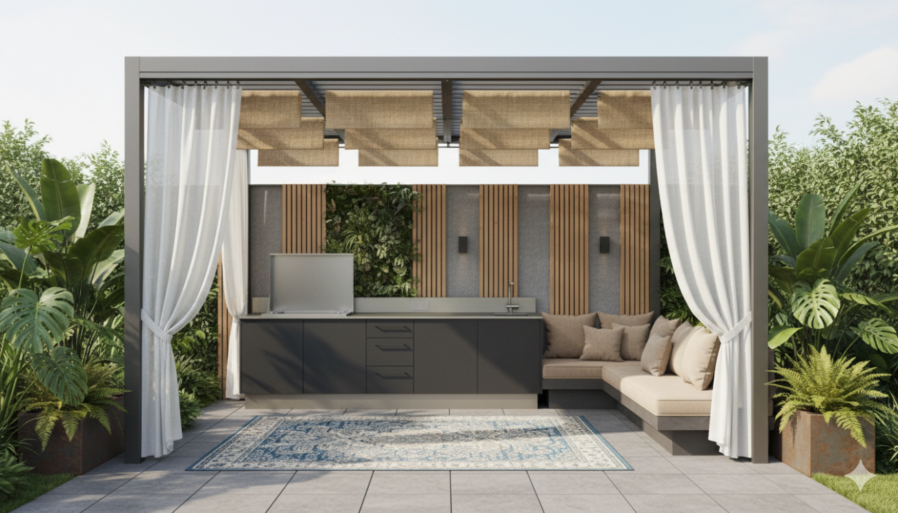 acoustique cuisine extérieure pergola réduction du bruit OXONIS