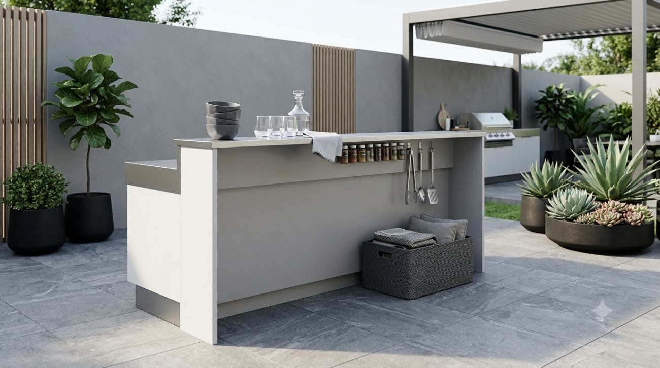 rangement cuisine extérieure avec accessoires et équipements inox OXONIS